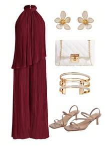 Ellevyn Women's Solid Color Asymmetric Hem Halter Top And Wide Leg Pants Casual 2 Pieces Set - Burgundy - View 1