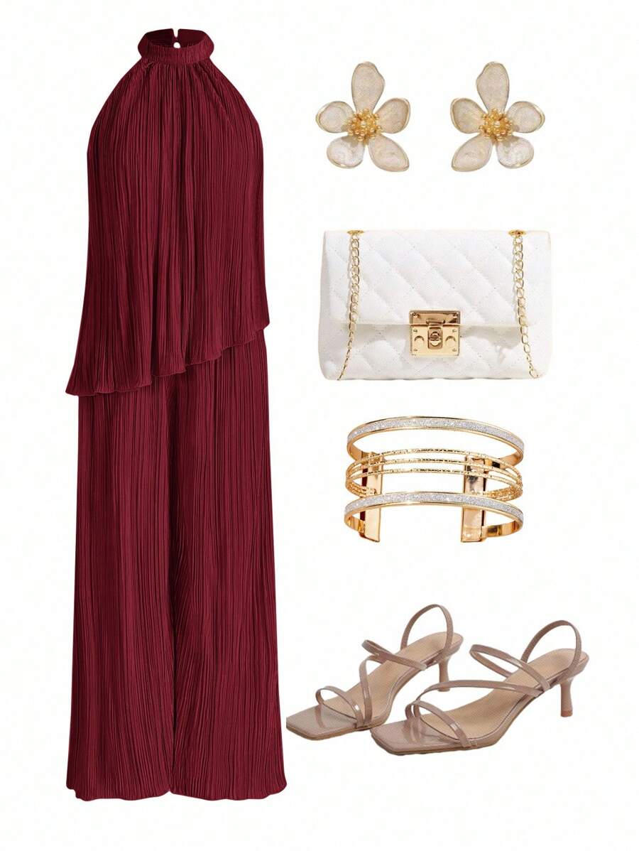 Ellevyn Women's Solid Color Asymmetric Hem Halter Top And Wide Leg Pants Casual 2 Pieces Set - Burgundy - View 1