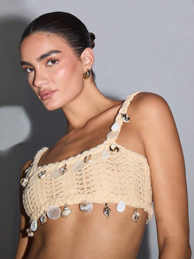 KIZN Crochet Knit Crop Top With Shell Embellishments