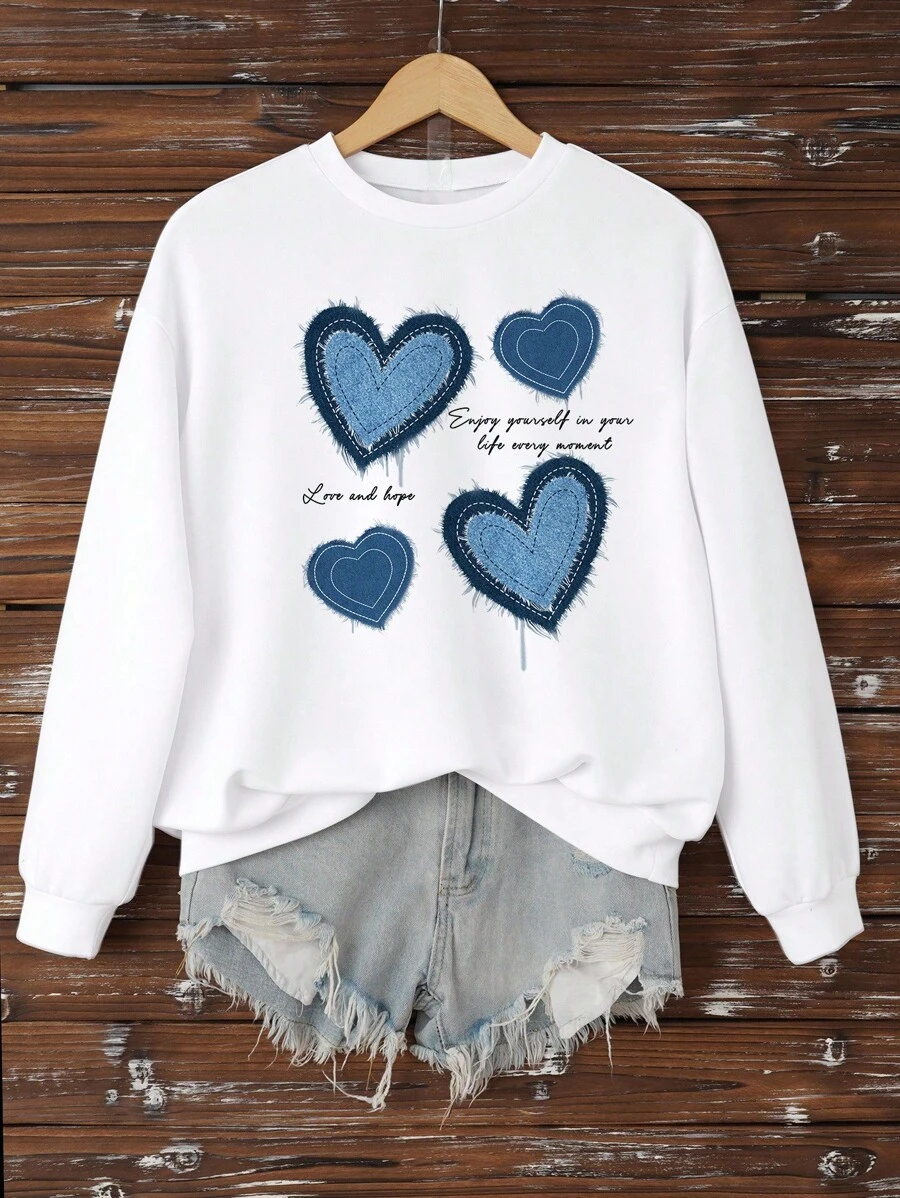 EMERY ROSE 大码女式心形印花休闲宽松圆领长袖运动衫 - 彩色 - 查看 1