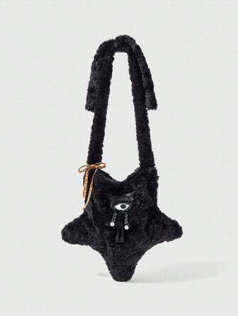 Grunge Punk Halloween Star Plush Shoulder Bag, Leopard Print Bow Mini Cyclops Monster, Casual Y2K Punk Style Furry Crossbody Bag For Women, Autumn/Winter, Perfectly Matching With Halloween Costumes Women