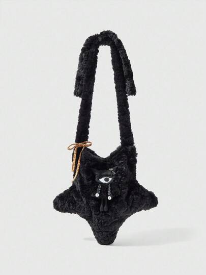 Grunge Punk Halloween Star Plush Shoulder Bag, Leopard Print Bow Mini Cyclops Monster, Casual Y2K Punk Style Furry Crossbody Bag For Women, Autumn/Winter, Perfectly Matching With Halloween Costumes Women
