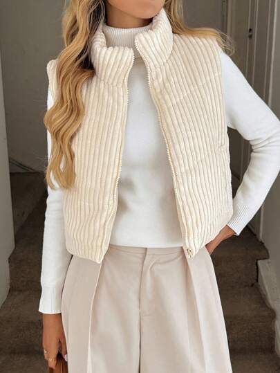 Easowa 女士休闲棉背心夹克，带口袋的灯芯绒面料，杏色，秋冬