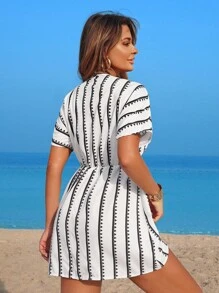 Swim Vcay 女式海滩海洋条纹印花 V 领束腰短袖休闲度假连衣裙（含泳衣罩衫） - 白色 - 查看 2