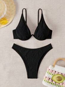 Swim Vcay Women's Solid Color Pleated Sexy Bikini Set For Summer Beach - Black - View 3