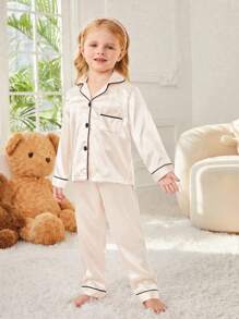 SHEIN Conjunto de pijama de satén con bloques de color y ribete de contraste para niña joven - Champán - Ver 3
