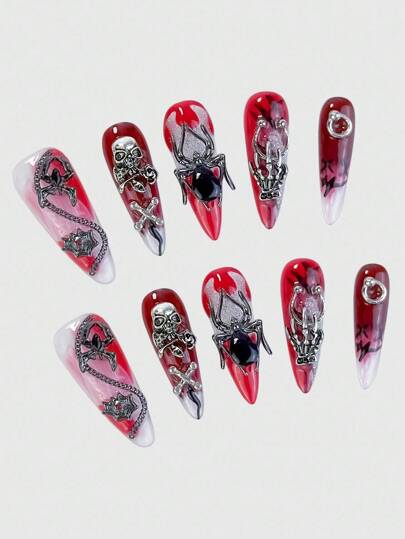 Anime 10 pièces Faux ongles à pointes de squelette avec chaîne de toile d'araignée sombre gothique punk et 1 pièce de ruban adhésif, Halloween