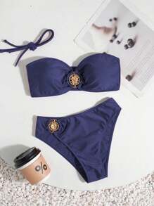 Swim Chiccia 女士全新纯色时尚性感两穿（吊带+抹胸）露背金属装饰三角比基尼套装，配侧面金属配饰，夏日海滩 - 藏蓝色 - 查看 3