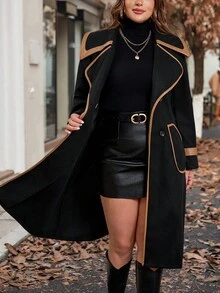 Ellevyn معطف كاجوال من الصوف بياقة وأكمام طويلة ومزدوج الصدر لحريمي بمقاسات كبيرة - الأسود - مشاهدة 16