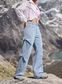 Pantalones vaqueros casuales anchos con bolsillos y pliegues para mujer - Azul - Ver 5