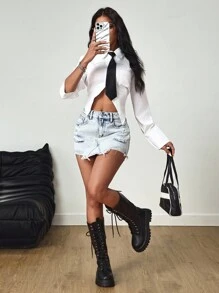 SHEIN Tall Street Style Casual Distressed Mid-Waist Denim Miniskirt - Light Wash - View 6