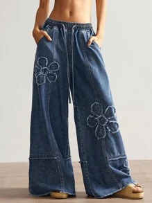 Bohemela Jeans de pierna ancha de unicolor casual para mujer