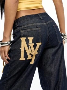 SUMWON WOMEN Turn-Up Wide Leg Raw Denim Jeans With Cuffed Hem Detail Vintage-Inspired High Rise Classic Street Style Fashion Y2K - Blue - View 4