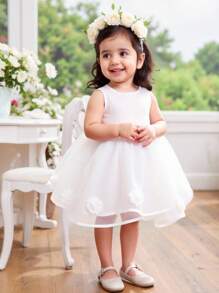 SHEIN Baby Girl Woven Solid Color Splice Mesh Snug Fit Dress - White - View 9