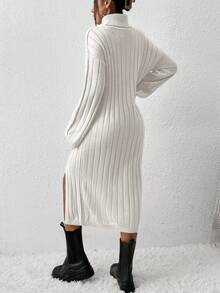 EURMUSE Slit Hem High Neck Drop Shoulder Sweater Dress (belt Not Included) - Beige - View 2