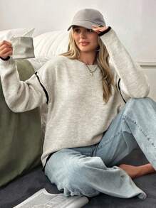 EURMUSE Pull tricoté col rond coupe décontractée avec passepoil contrasté ondulé - Sweater côtelé avoine chiné pour la rentrée scolaire - Beige - Voir 5