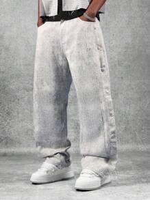 SUMWON 超宽腿破洞牛仔按扣侧边宽松滑板裤，Grunge 街头风，宽松肥大毛边裤脚，现代时尚纯色 - 灰色 - 查看 2