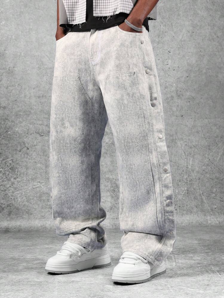 Wide Leg Jeans With Side Snap Buttons And Raw Hem