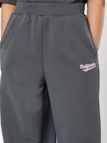 SUMWON 加州系列宽松运动衫，星袖印花，女童宽腿运动裤，休闲秋冬休闲装 - 灰色 - 查看 7