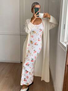 DAZY Rochie camisol cu imprimeu floral și halat de culoare uni, pijamale pentru femei, haine de toamnă