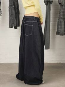 COUREZ 低腰宽松灯笼裤，浅蓝色水洗/Y2K风格女装冬季穿搭，女士外出穿搭，棉质宽松牛仔裤，Y2K风格牛仔裤，街头服饰 - 深色水洗藍 - 查看 5