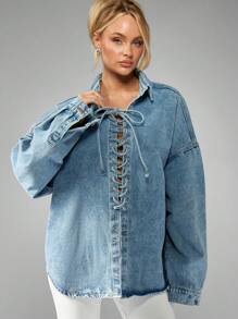 MISSGUIDED 女式超大牛仔衬衫西式系带长袖秋冬休闲波西米亚风时尚纽扣牛仔上衣 - 藍色 - 查看 4