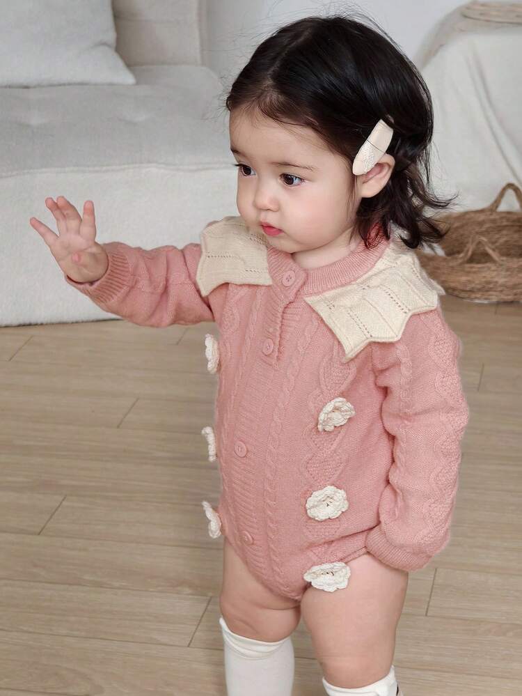 Baby Girl Colorblock Knit Cartoon Cute Ruffle Trim Jumpsuit Fall, Winter Toddler Girls Clothes