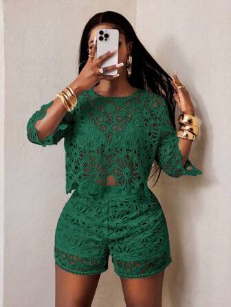 BamGleam Sexy Cut Out Lace See-Through Flare Sleeve Four Seasons Knit Women's Blouse, Haute Women Tops, Fitted Elegant Crew Neck Tops