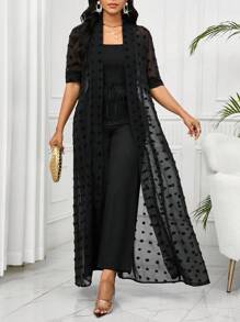 SHEIN Lady 女式优雅纯色纹理长款夹克和裤子两件套 - 黑色 - 查看 3