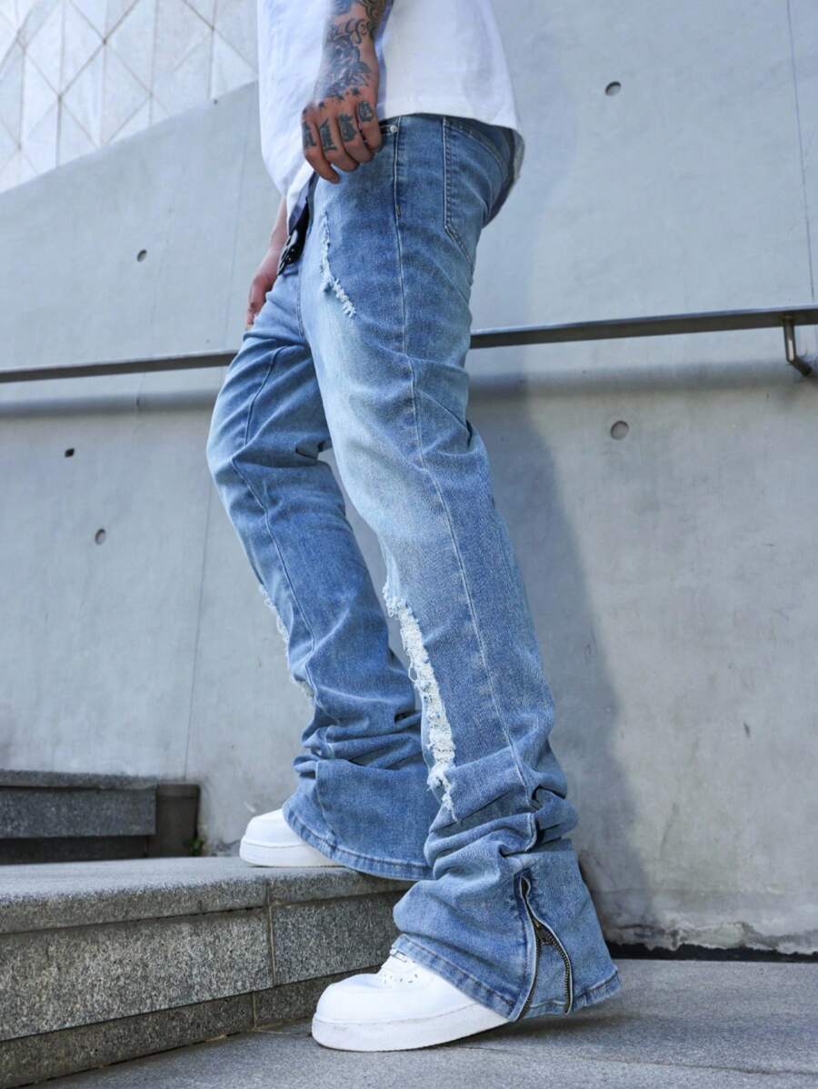 Manfinity EMRG Quần jeans ống loe denim trơn màu, có túi xếp ly, thường ngày dành cho nam, quần jeans dạo phố nam - Rửa nhẹ - Xem 1