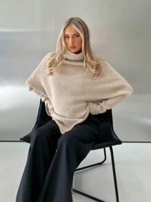 Aloruh Fall Women Clothes, Women's New Off Shoulder Wrap Long Sweater, Milky White, Autumn/Winter,Turtleneck Sweater Women., - Beige - View 4