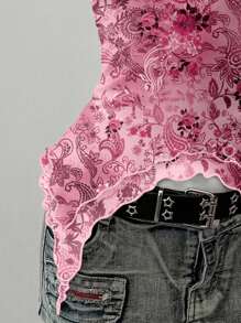 SHEIN EZwear 休闲简约粉色花卉图案可爱性感女式背心，适合夏季 - 粉色 - 查看 4
