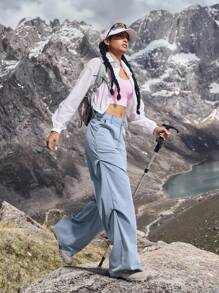 Pantalones vaqueros casuales anchos con bolsillos y pliegues para mujer - Azul - Ver 6