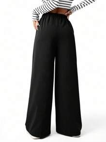 SHEIN Sparklyn Quần ống rộng màu trơn thanh lịch cho bé gái tuổi teen - màu đen - Xem 2