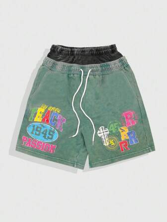 Street Life Herren Lässig Shorts mit Buchstaben-Muster und Kordelzug, Sommer
