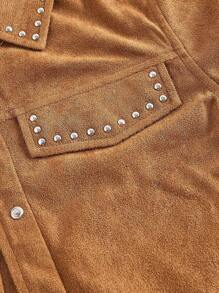 SHEIN MOD Jaqueta Casual de Manga Longa com Design de Contas para Mulheres, Jaqueta de Camurça Marrom para Mulheres, Jaqueta Cropped para Mulheres, Jaqueta Estilo Oeste para Mulheres, Jaqueta com Tachas para Mulheres no Outono/Inverno - Caqui - Visão 4
