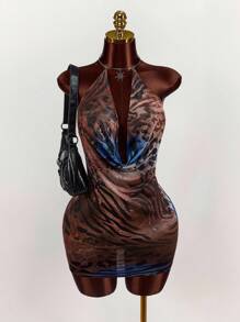 Amplova Summer Hippie Style Plunging Backless Sexy Halter Neck Women Mini Dress