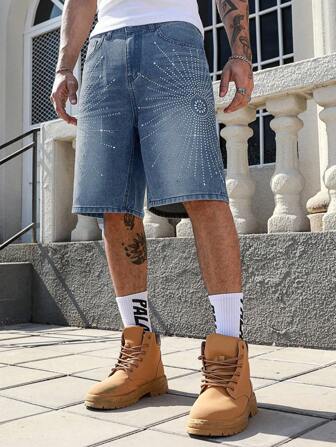 Street Life Men's Diamond Rhinestone Decor Baggy Wide Leg Relaxed Denim Shorts Jorts