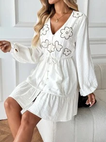 Breezaya Women's Button Design Lantern Sleeve Fashion Two-Tone Embroidered Mini Dress - White - View 4