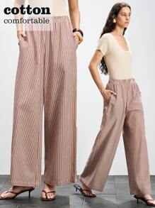 SHEIN LUNE Pantalones casuales de mujer con bolsillos y rayas sueltas, adecuados para el estilo casual de la universidad en primavera y otoño - Marrón - Ver 1