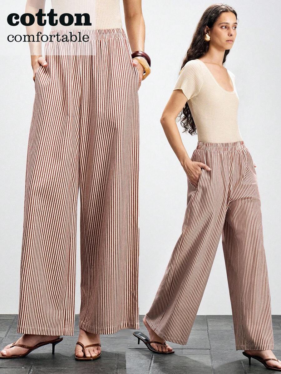 SHEIN LUNE Pantalones casuales de mujer con bolsillos y rayas sueltas, adecuados para el estilo casual de la universidad en primavera y otoño - Marrón - Ver 1
