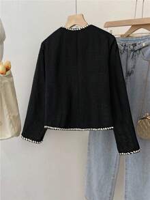 EMERY ROSE Plus Size Elegant Commuter Color Block Trim Black Jacket, High-End Fall Winter Cloth For Women Autumn