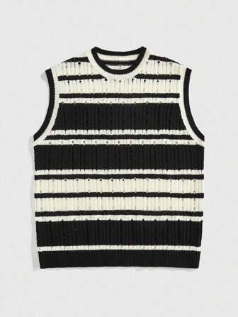 Street Life Men's Striped Round Neck Casual Loose Hollow-Out Knitted Vest