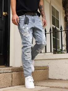 Manfinity LEGND 男士口袋破洞休闲百搭牛仔裤男士街头潮流牛仔裤外出聚会度假街头