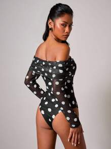 COSMINA 女士优雅波尔卡圆点露肩紧身衣 - 黑與白 - 查看 2