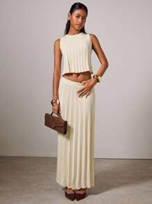 COSMINA 2pcs Women Elegant Casual Minimalist Pleating Sleeveless Top And Long Skirt Knit Sweater Set; Going Out Outfits Fall/ Winter - Cream - View 7