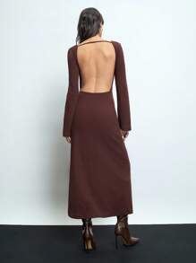 Maija Women's Brown Open Back Dress, Versatile Modern Party/Gathering Outfit With Crisscross Tie Front Cutout, Loose Fit, Suitable For New Year Festival - Brown - View 4