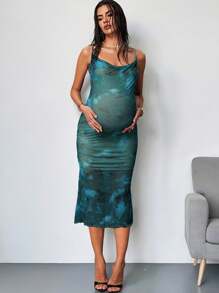 MaterniChic 孕妇时尚花卉印花透明网眼吊带裙，夏季 - 綠色 - 查看 1