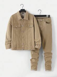 SHEIN 青少年男孩时尚休闲 Y2K 复古酷炫街头返校学院风两件套，卡其色牛仔宽松翻领长袖外套搭配舒适弹力修身牛仔裤，适合儿童日常穿着，柔软舒适，也适合儿童秋冬季节、派对、居家穿着，街头风校园服饰，男孩套装，青少年男孩套装 - 卡其色 - 查看 3