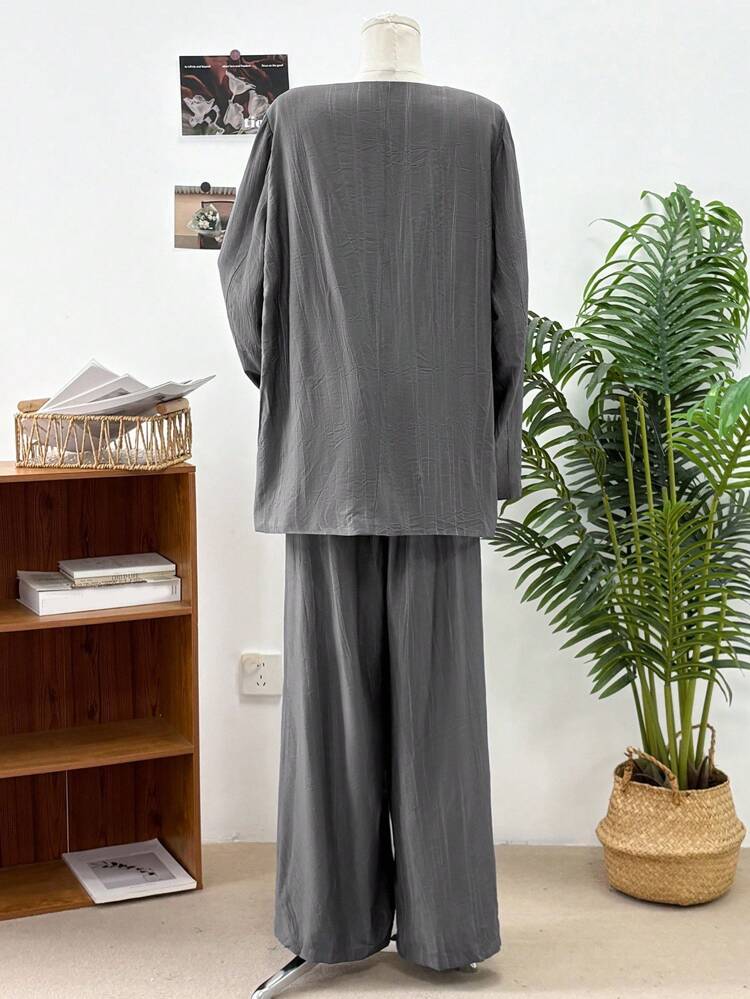 Women's Textured Striped Loose Business Casual Commute Office Wear Shirt Cardigan And Straight Leg Pants Suit, Suitable For Autumn, Spring And Summer